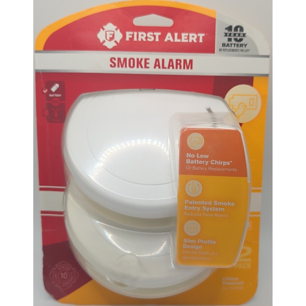 First Alert Smoke Alarm 2 Pack White Slim Profile 10 Year Battery Photoelectric